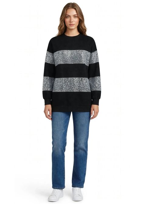 Felpa Girocollo Oversize Nera con Bande di Strass Argento TWENTY FOURHAITCH | A0307NERO
